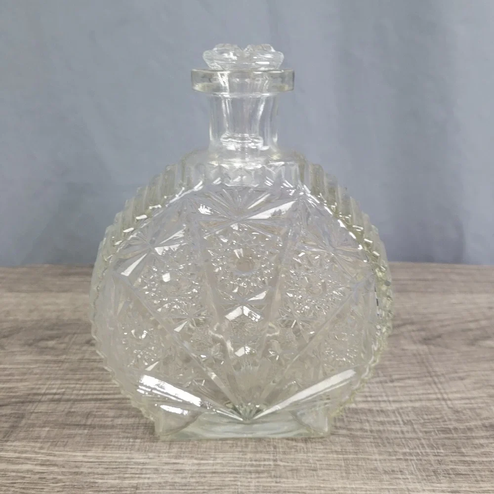 Vintage Clear Glass Decanter with Stopper Diamond Star Cut Pattern Liquor Bottle